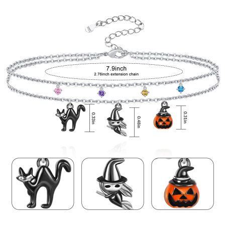Halloween Bracelet For Western Sterling Silver Evil Eye Moon Witch Ghost Cat Pumpkin Bat Layered Bracelet Jewelry - Image 4