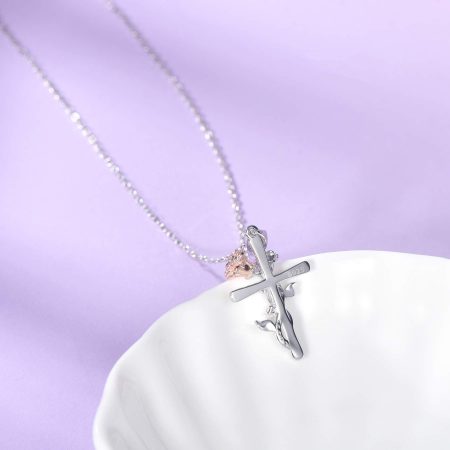 Sterling Silver Rose Flower Necklace, Rose Bracelet, Two-Tone Cross Pendant Necklaces - Image 4